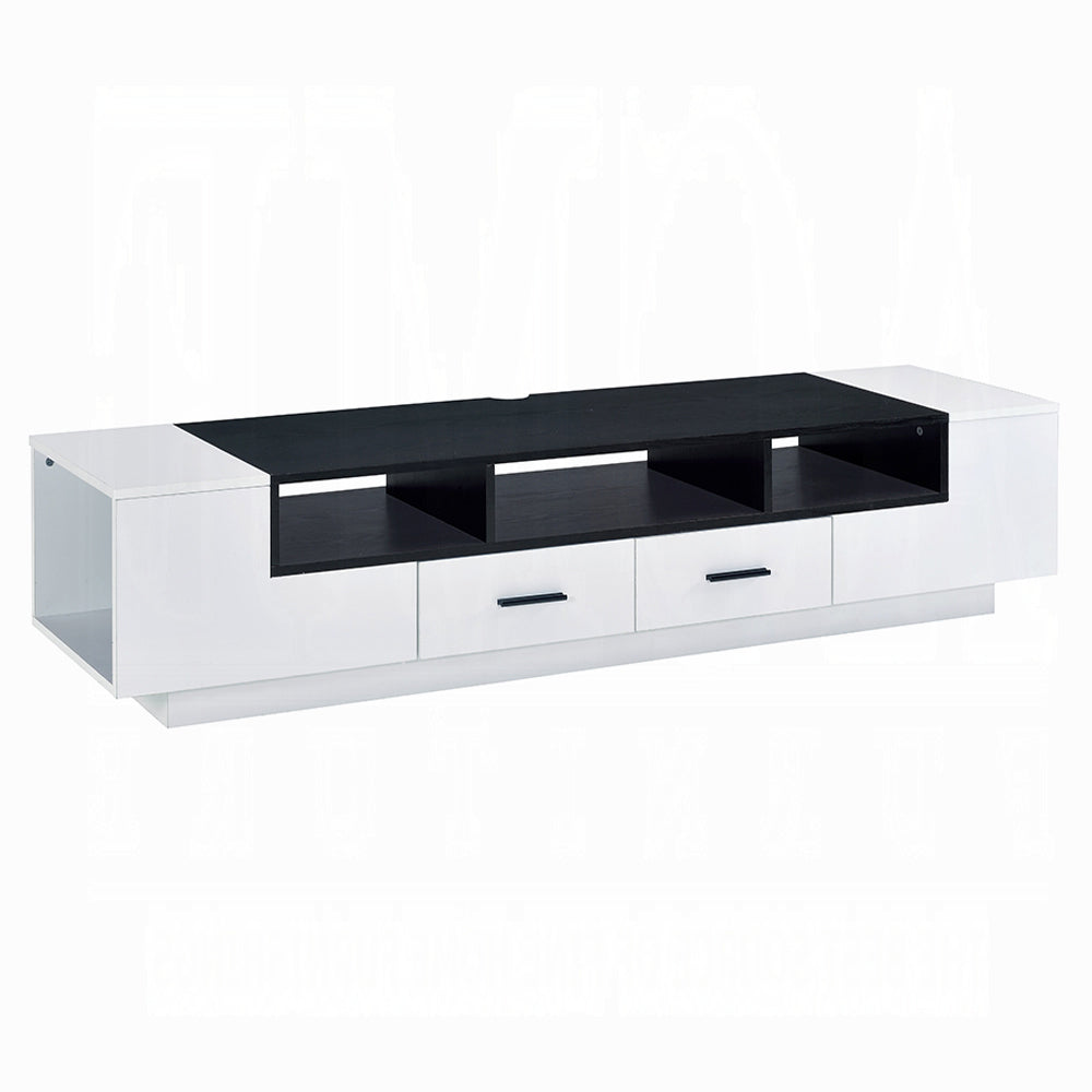 Modern white and black TV stand with drawers and open shelving
