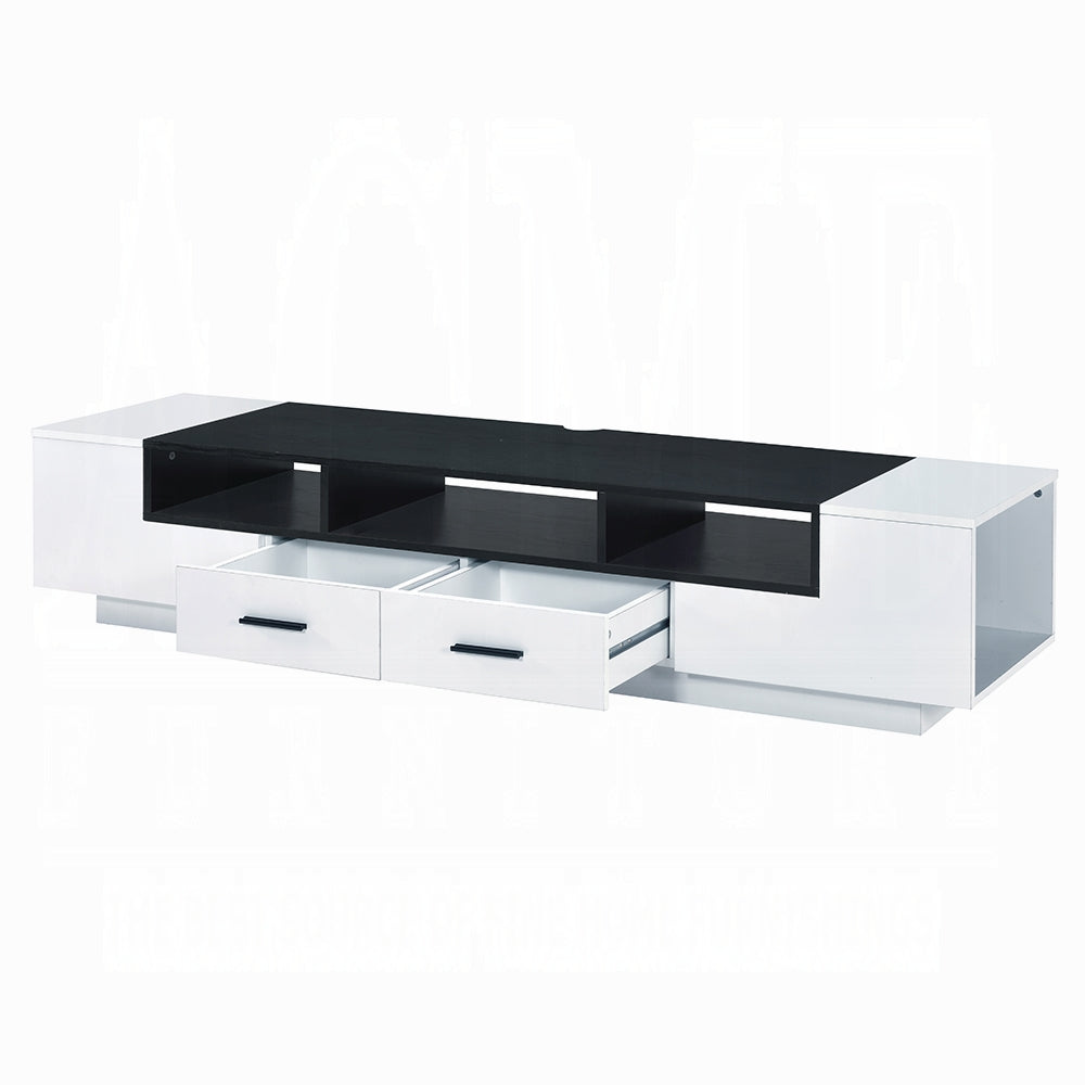 Modern white and black media console with two drawers and open shelving