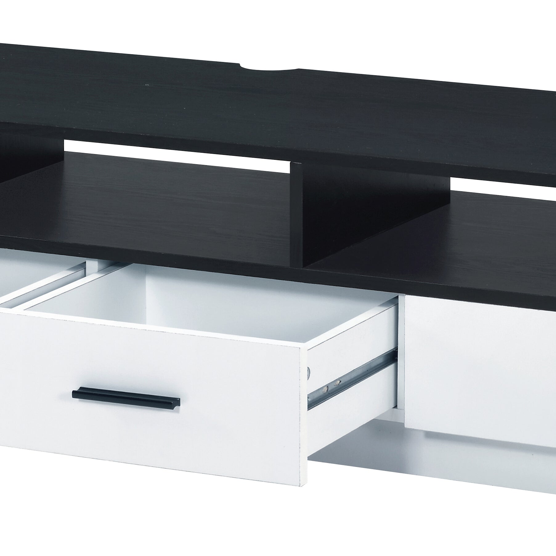 Modern black and white media console with open shelving and white drawers