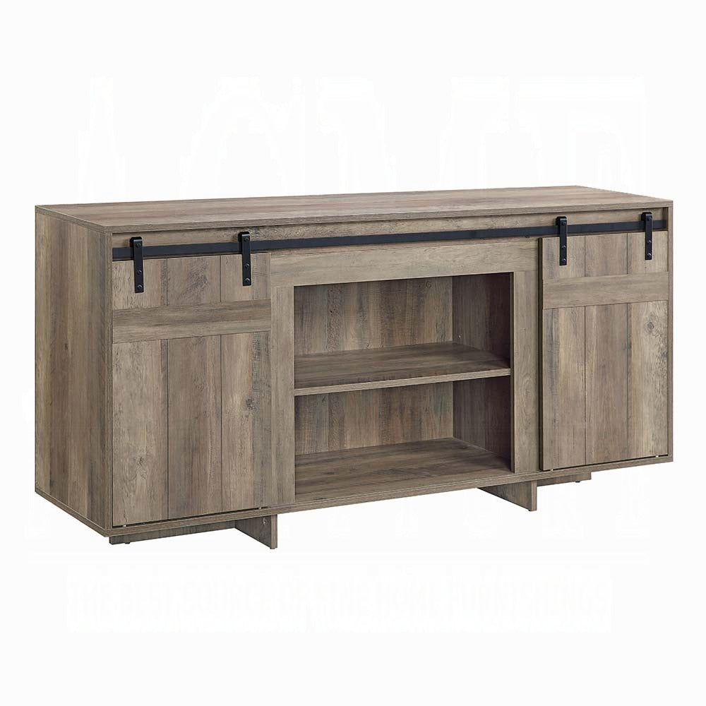 Rustic brown media console with sliding barn doors and open shelving