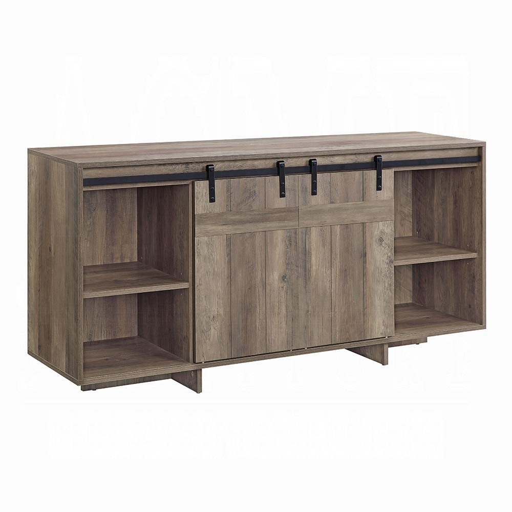 Rustic brown wood buffet with sliding barn doors and open shelving storage