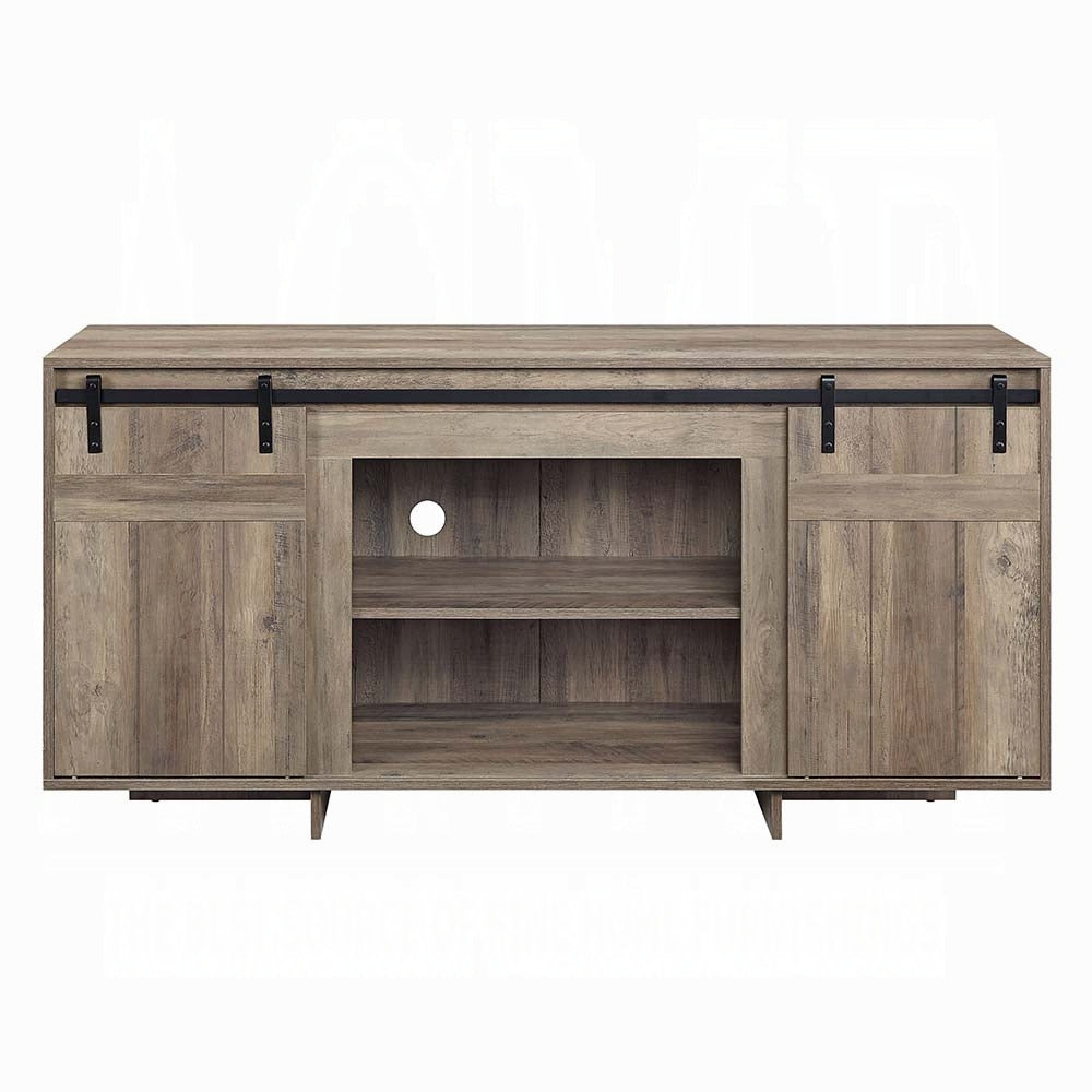 Rustic brown wood TV stand with sliding barn doors and open shelving for media consoles