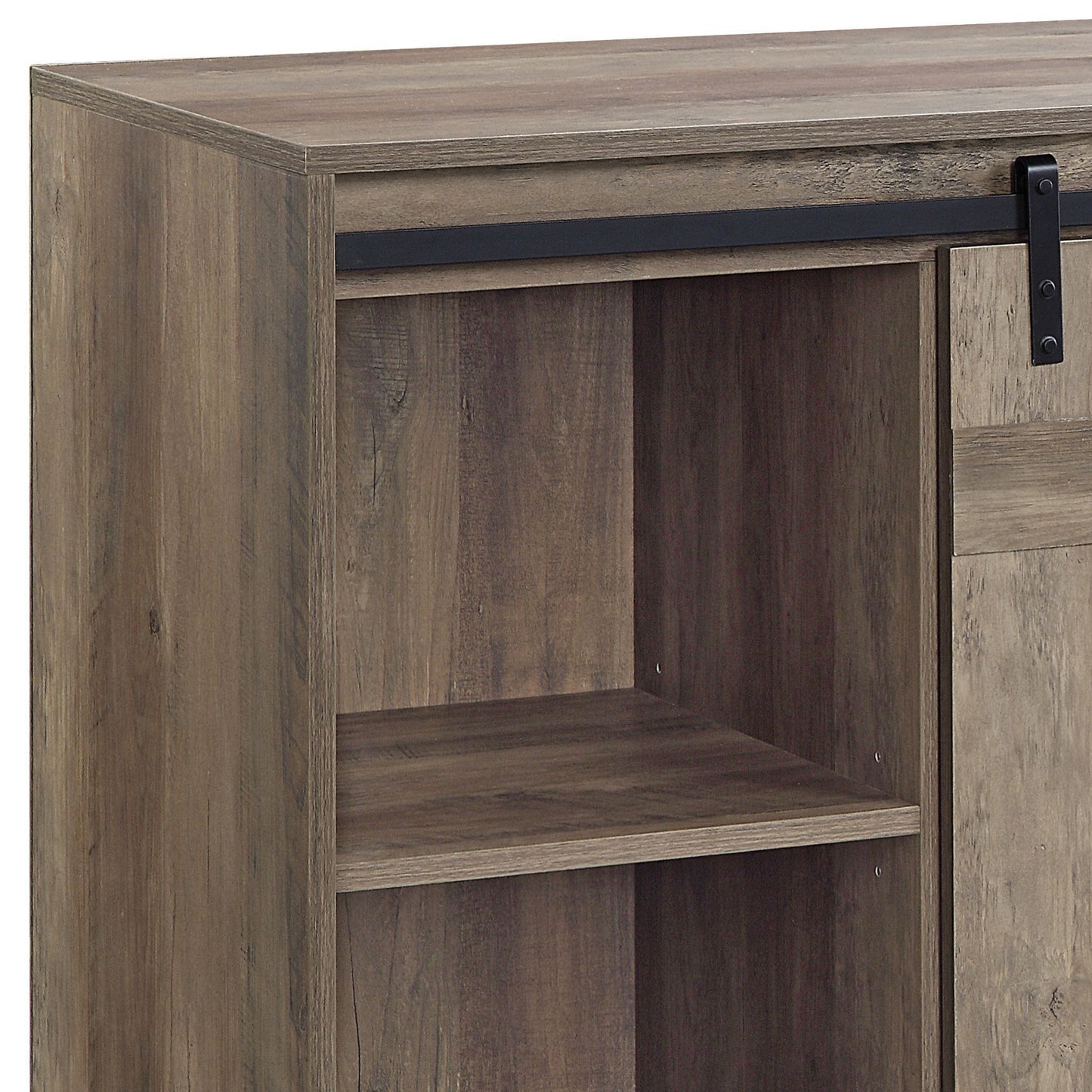 Rustic brown wood cabinet with open shelves and sliding barn door hardware