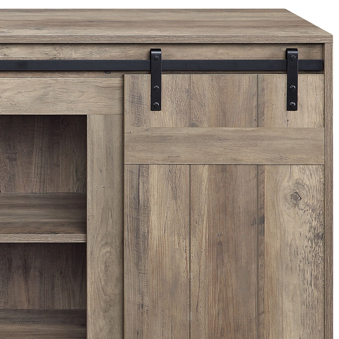 Rustic wood sideboard with black sliding barn door hardware and open shelving for storage