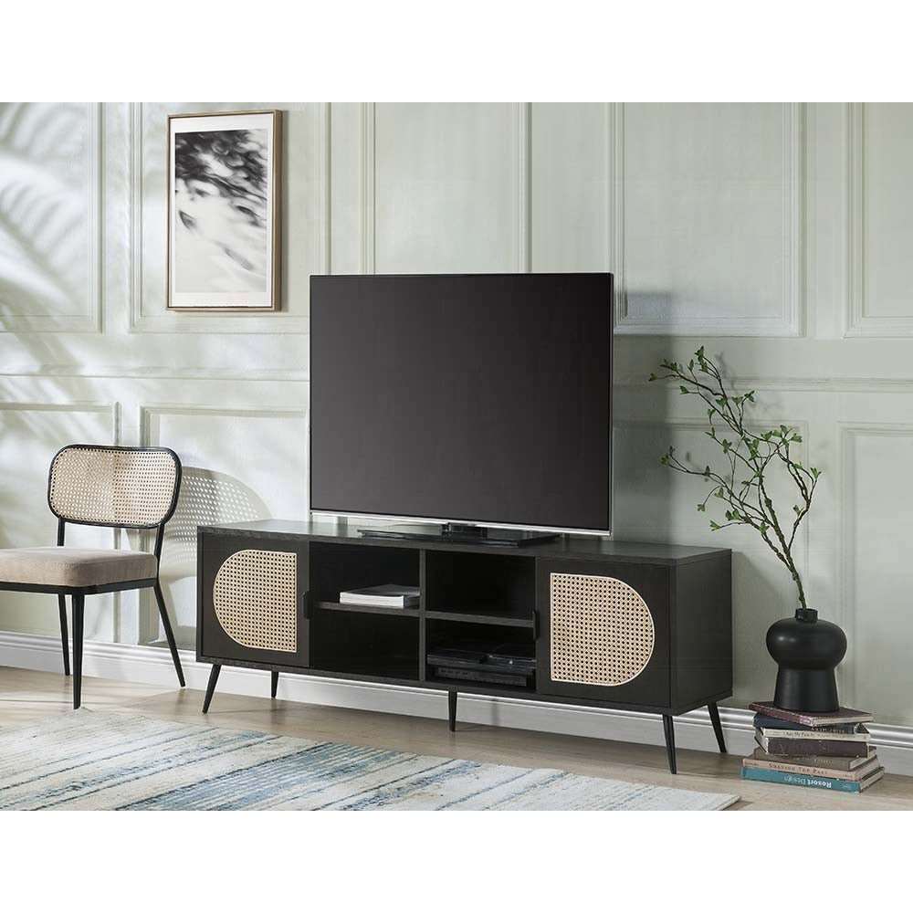 Dark wood TV stand with cane detailing and midcentury legs