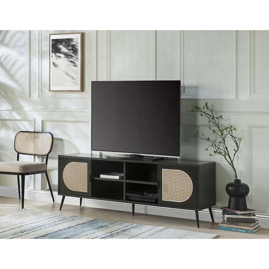 Dark wood TV stand with cane detailing and midcentury legs