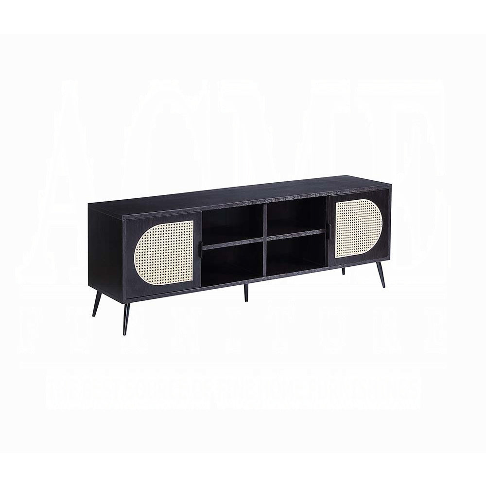 Black rattan media console with open shelving and curved cane doors for modern living rooms