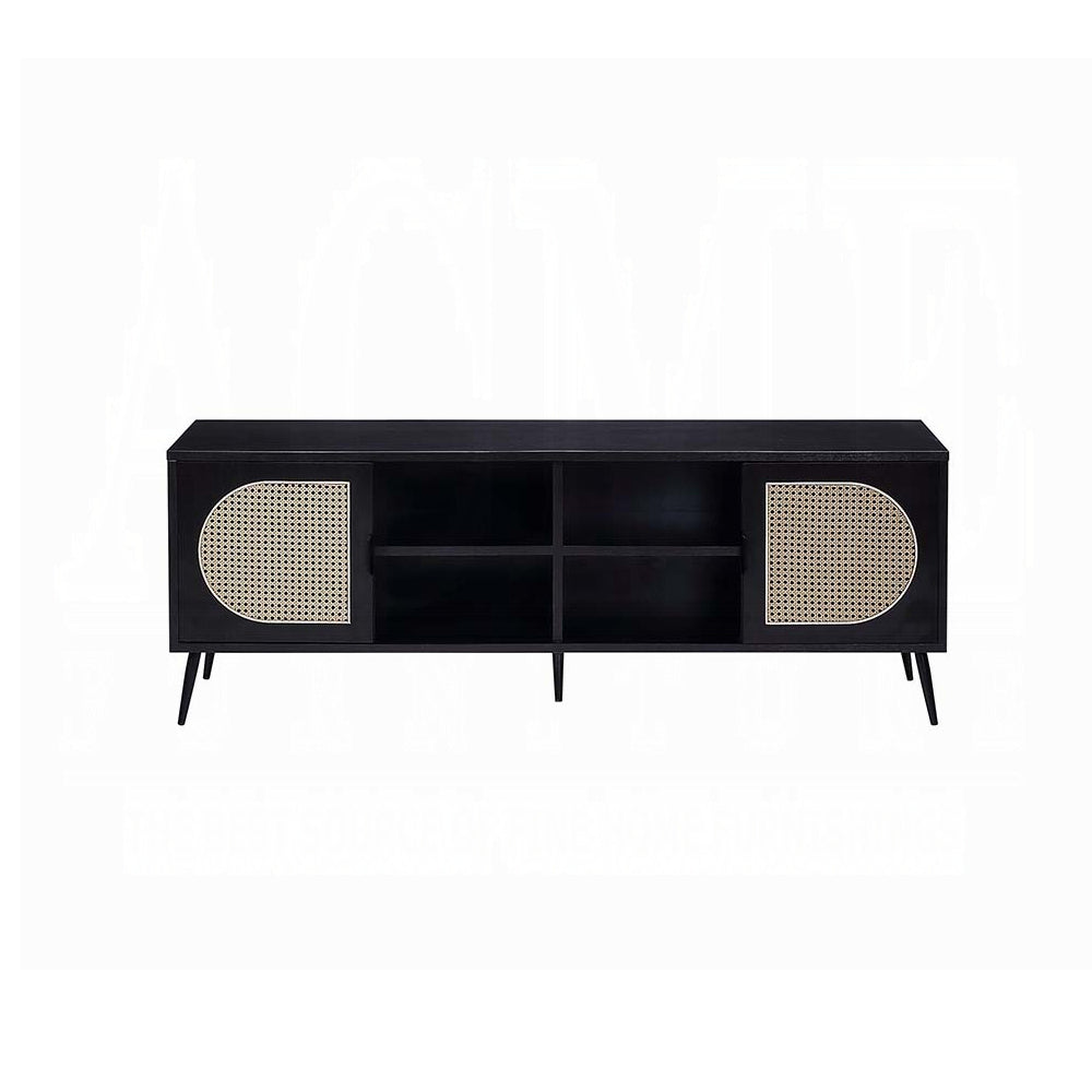 Black rattan accent media console with four open shelves and cane door fronts