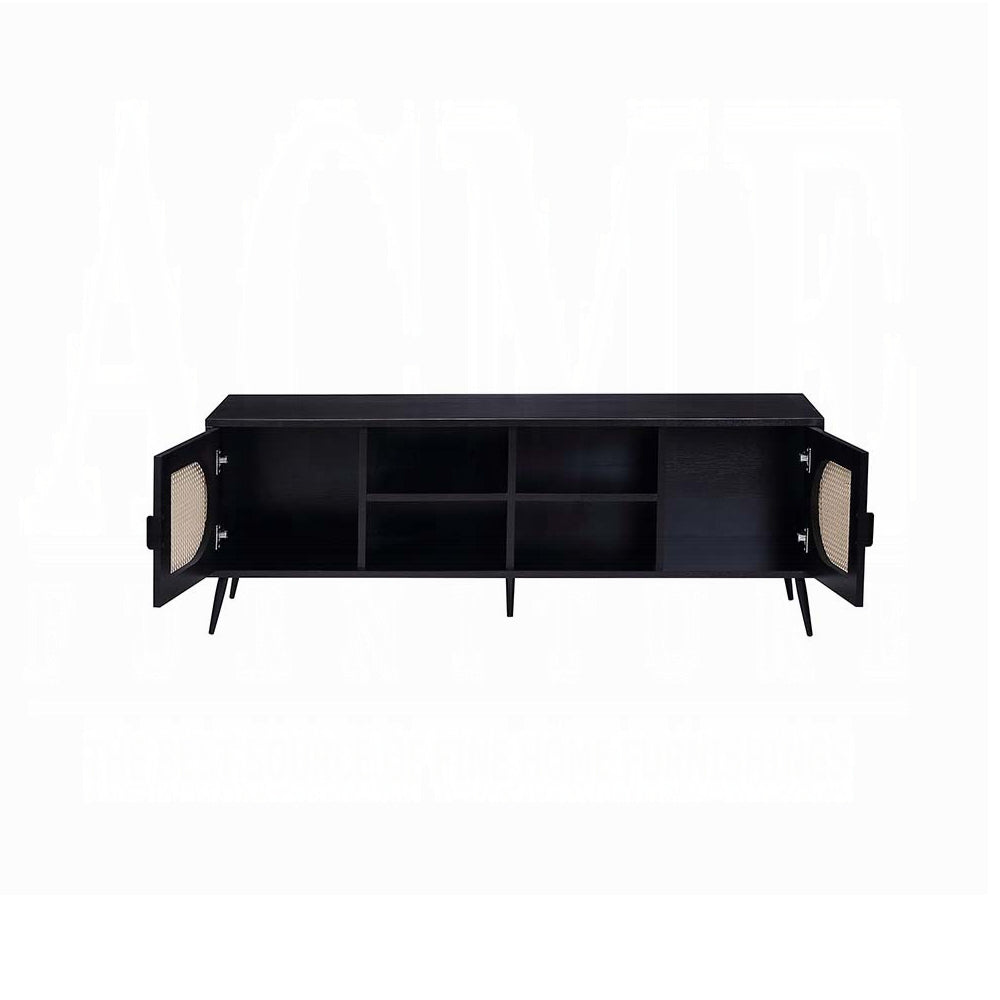 Black wood media console with open doors showing cane inserts and interior shelves