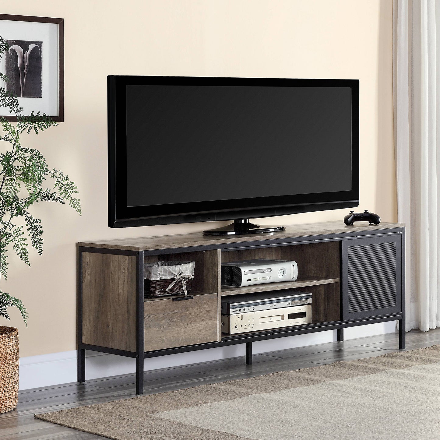Rustic oak media console with black metal frame two shelves and one drawer