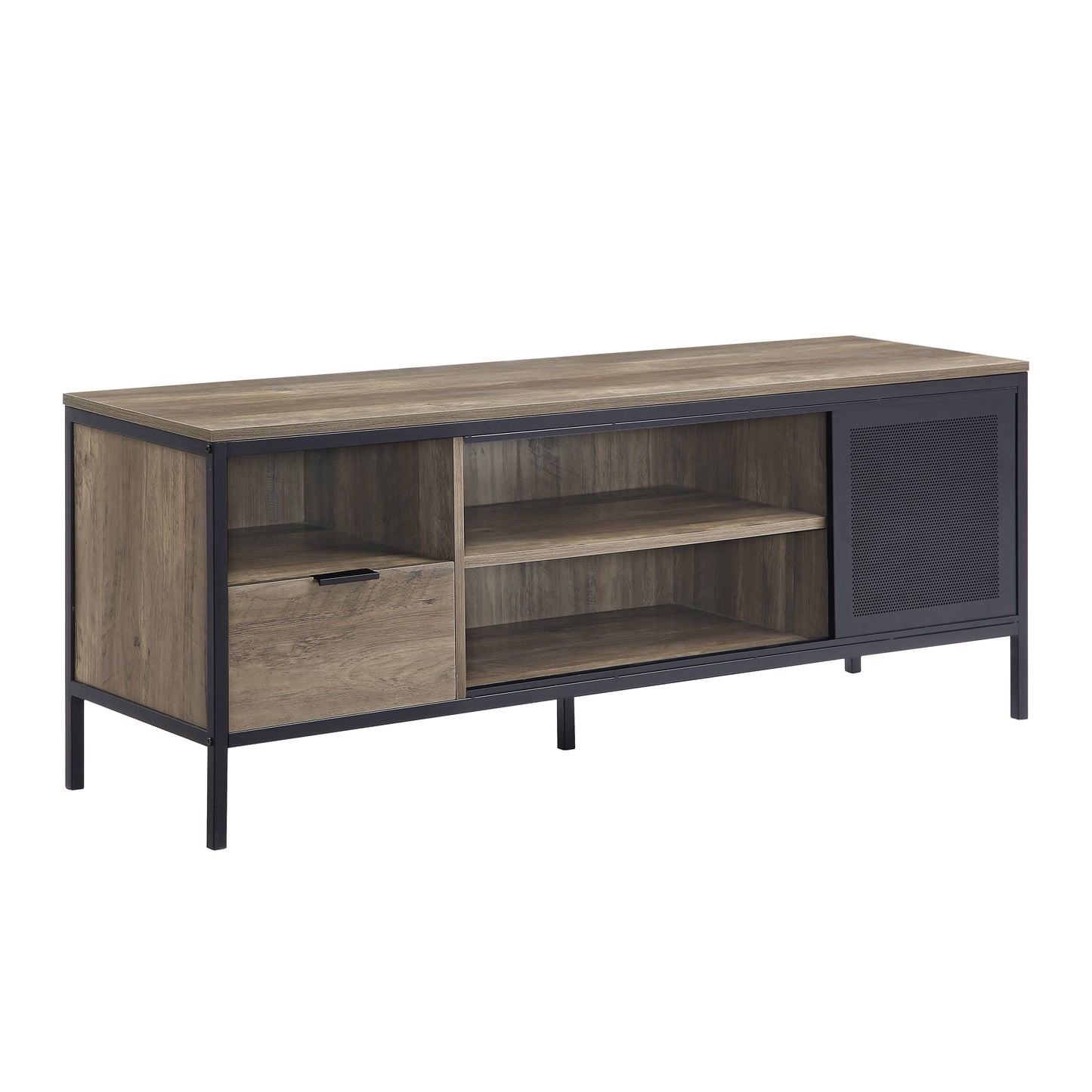 Industrial style media console with wood grain finish and black metal frame