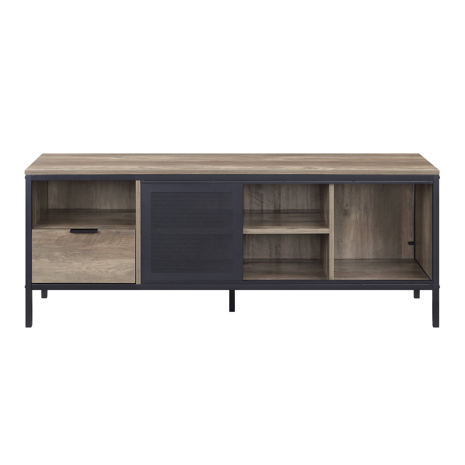 Modern media console with weathered oak finish black metal frame and perforated sliding door