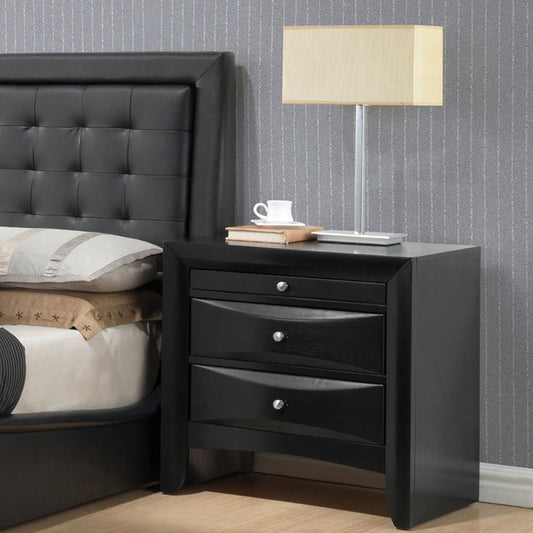 Black wooden nightstand with three drawers and silver knobs