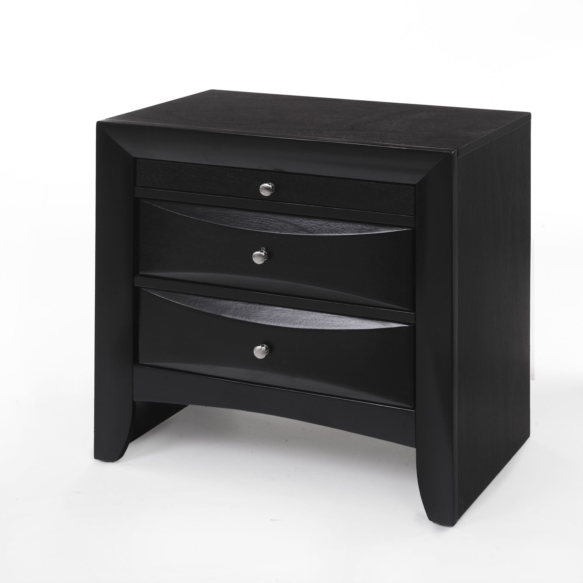 Black wood nightstand with three curved drawers and silver knobs