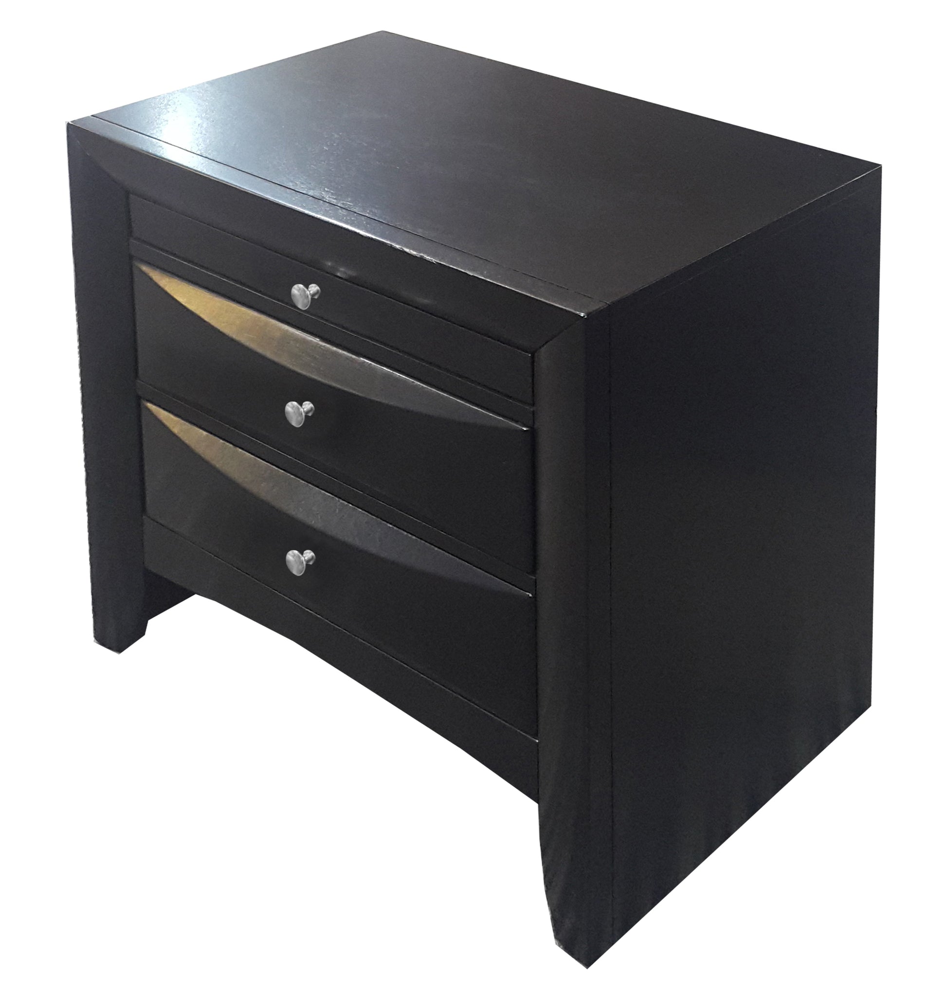 Modern black drawer nightstand with silver knobs and clean lines