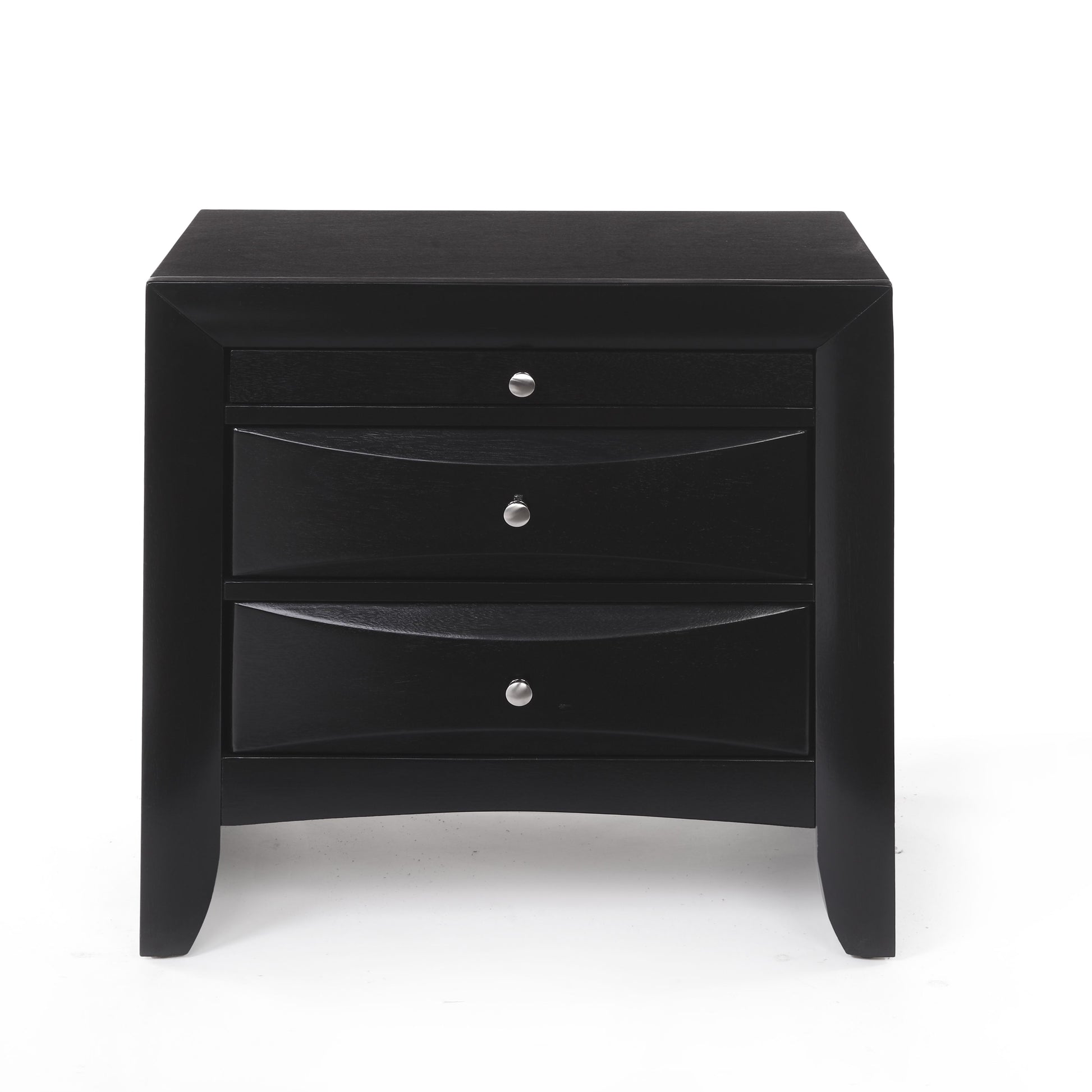 Sleek black wooden nightstand with three drawers and silver knobs perfect for modern bedrooms