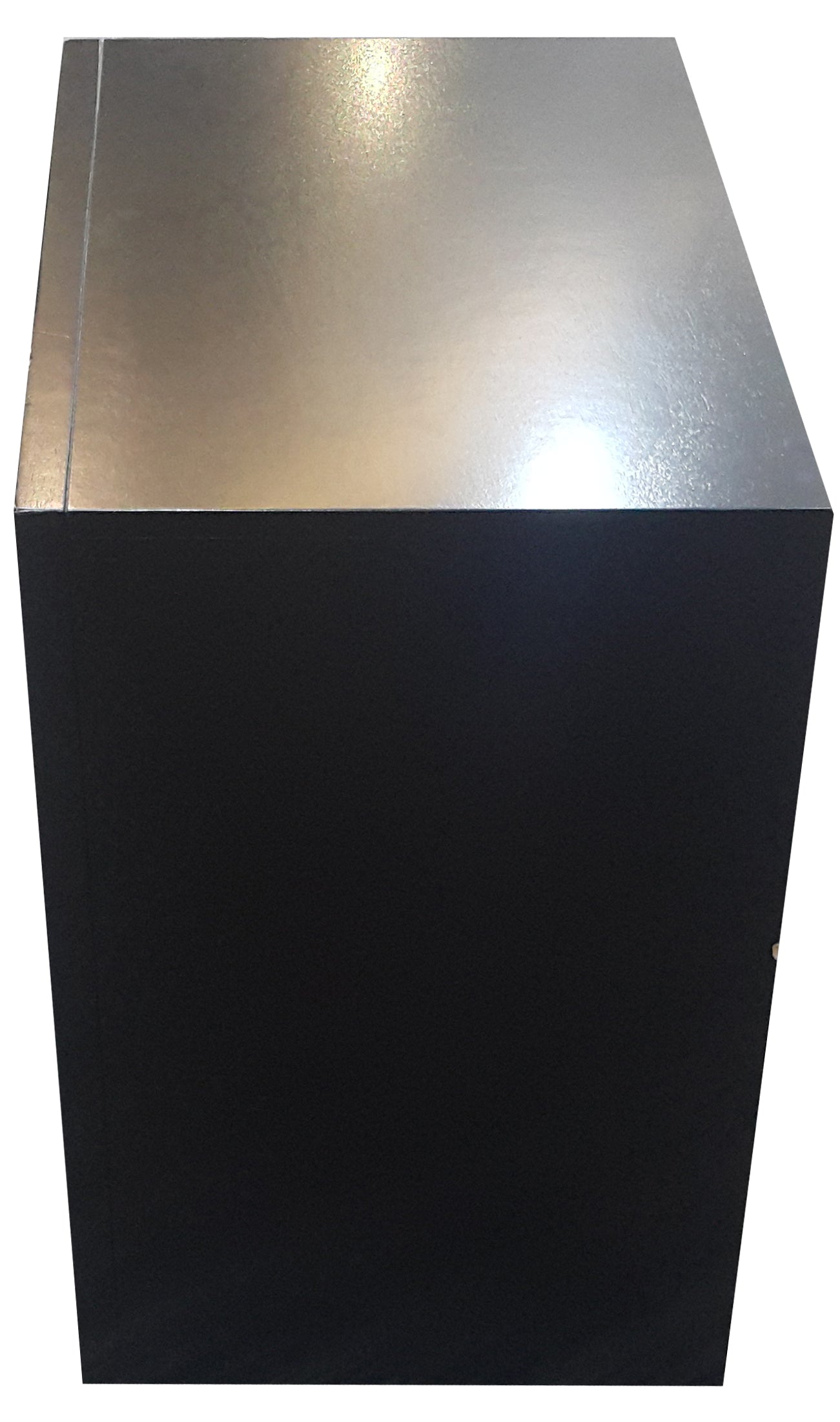 Matte black cube end table with a brushed metal top surface
