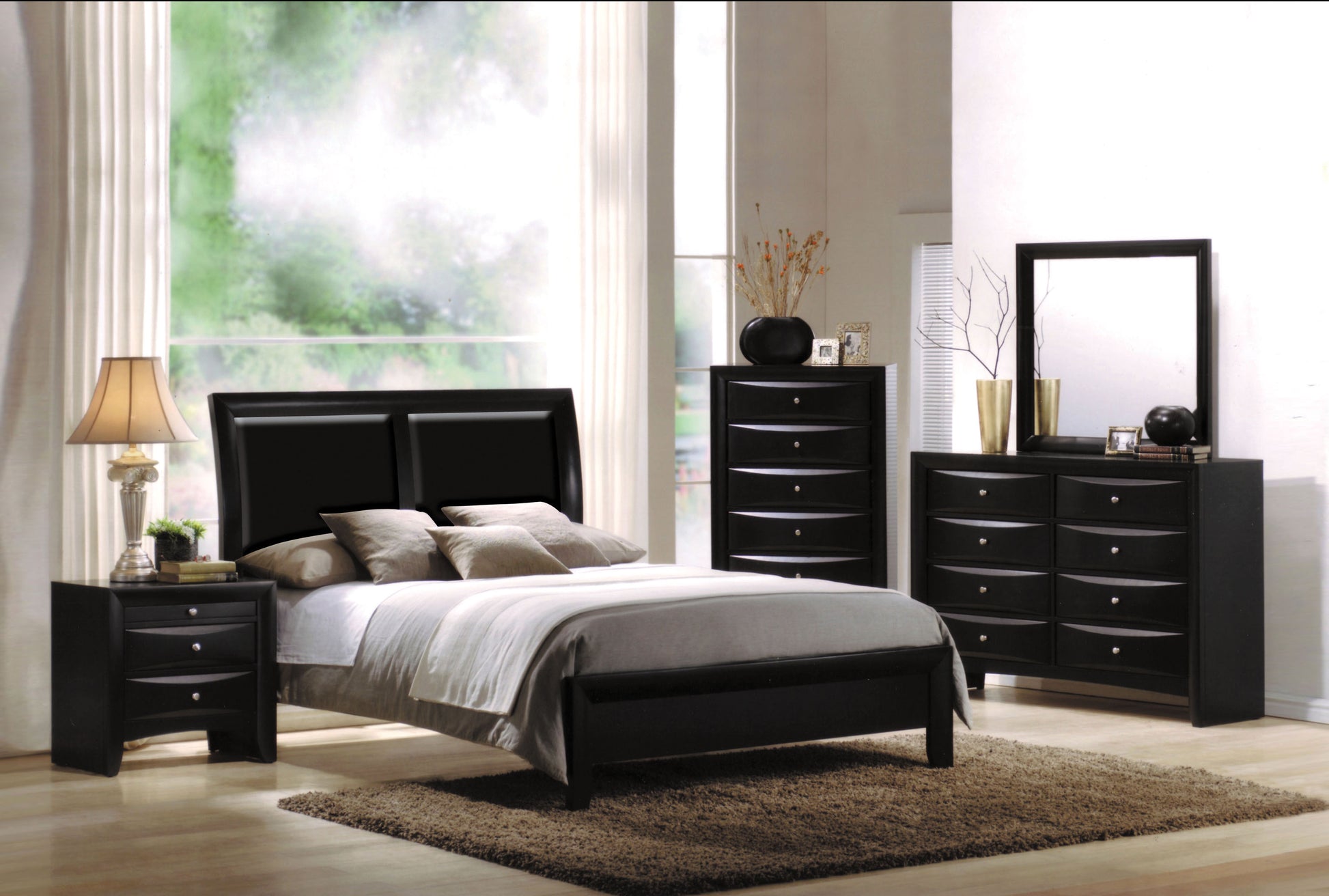 Black modern bedroom set with queen size bed dresser and nightstand