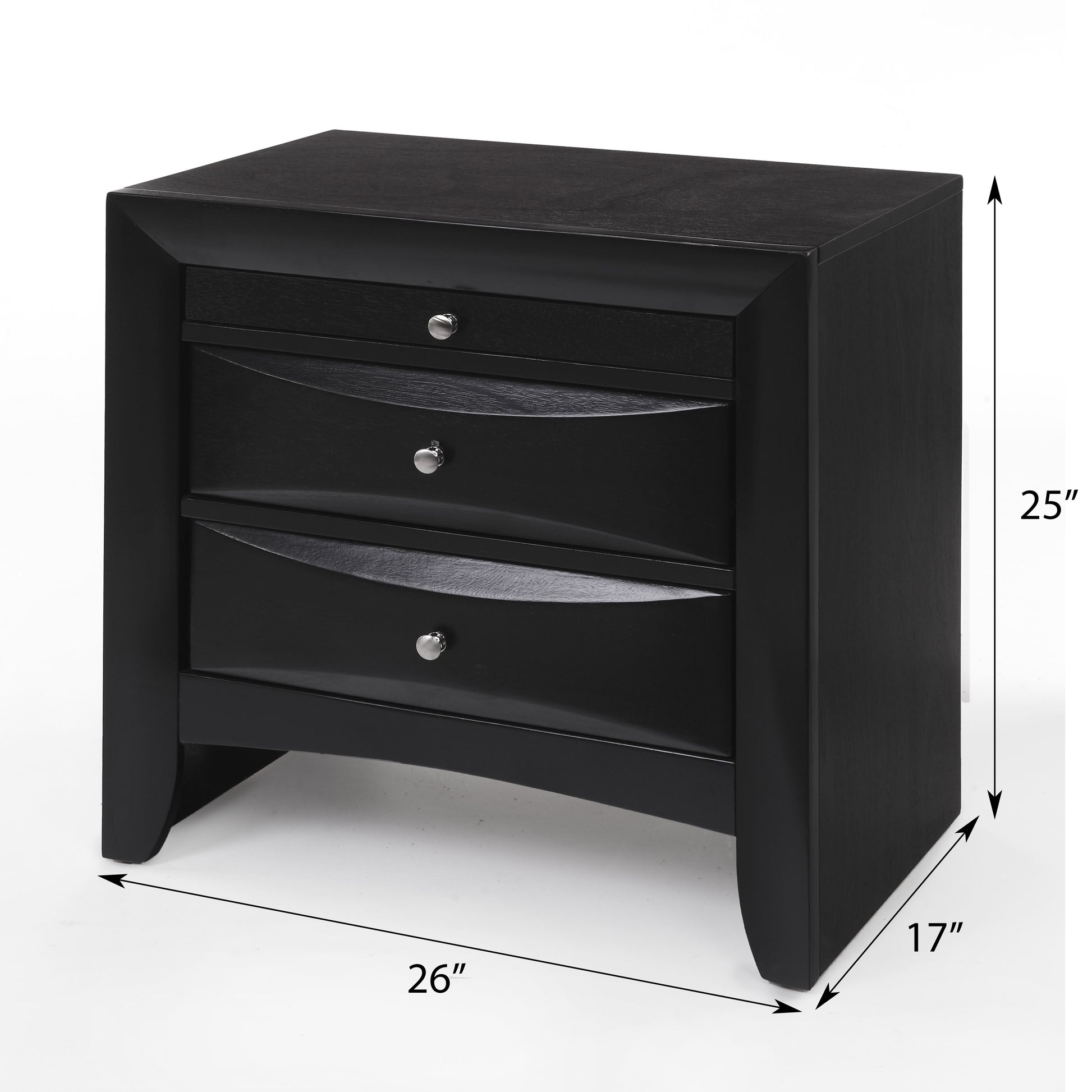 Black wood threedrawer nightstand with silver pulls and modern design