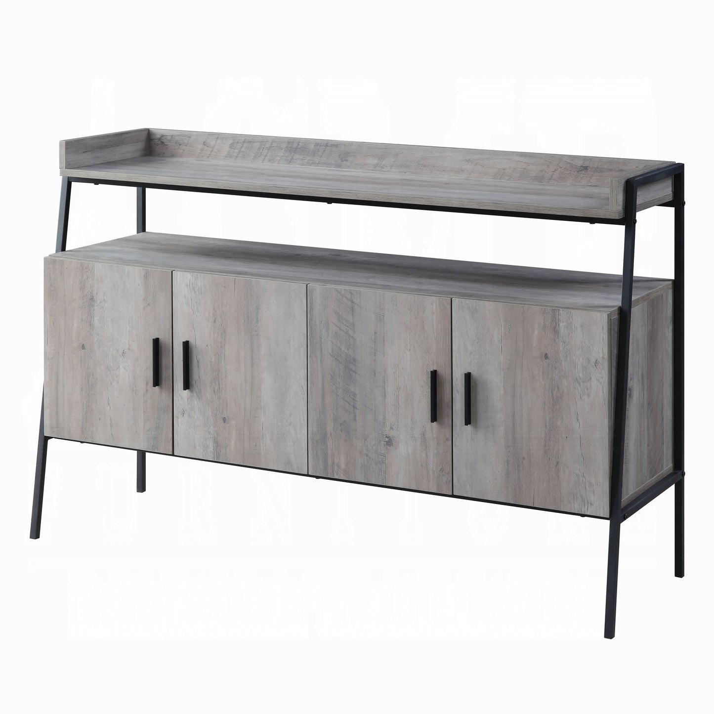 Rustic oak sideboard with four cabinet doors and black metal legs