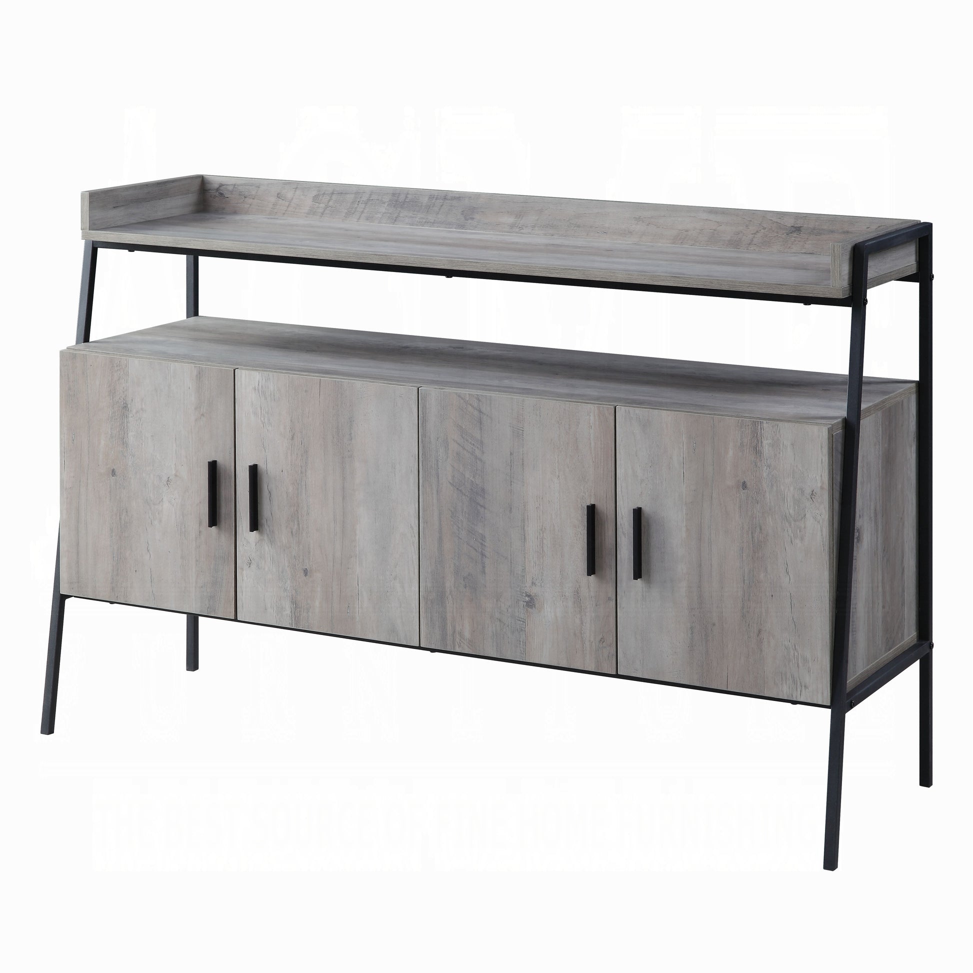 Rustic oak sideboard with four cabinet doors and black metal legs