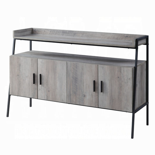 Rustic oak sideboard with four cabinet doors and black metal legs
