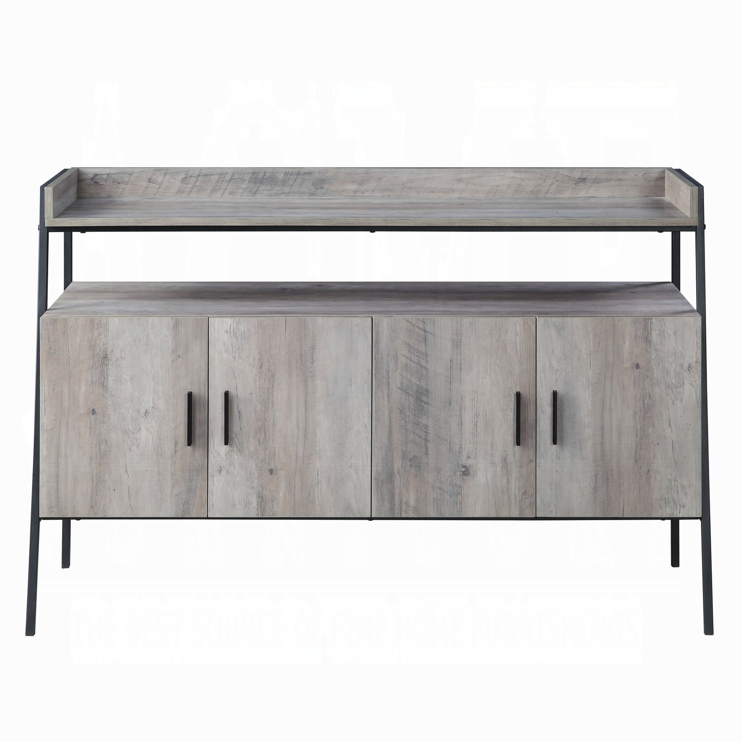 Rustic wood sideboard with four doors and black metal frame