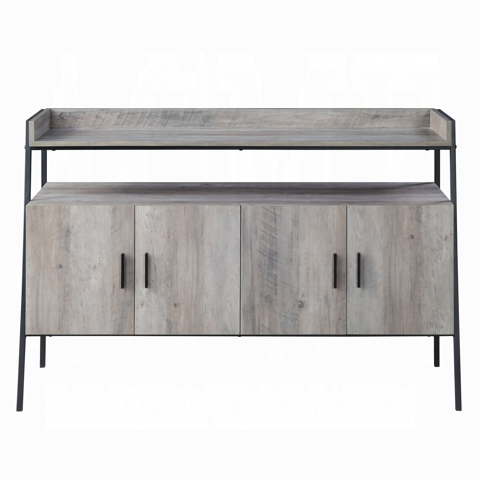 Rustic wood sideboard with four doors and black metal frame