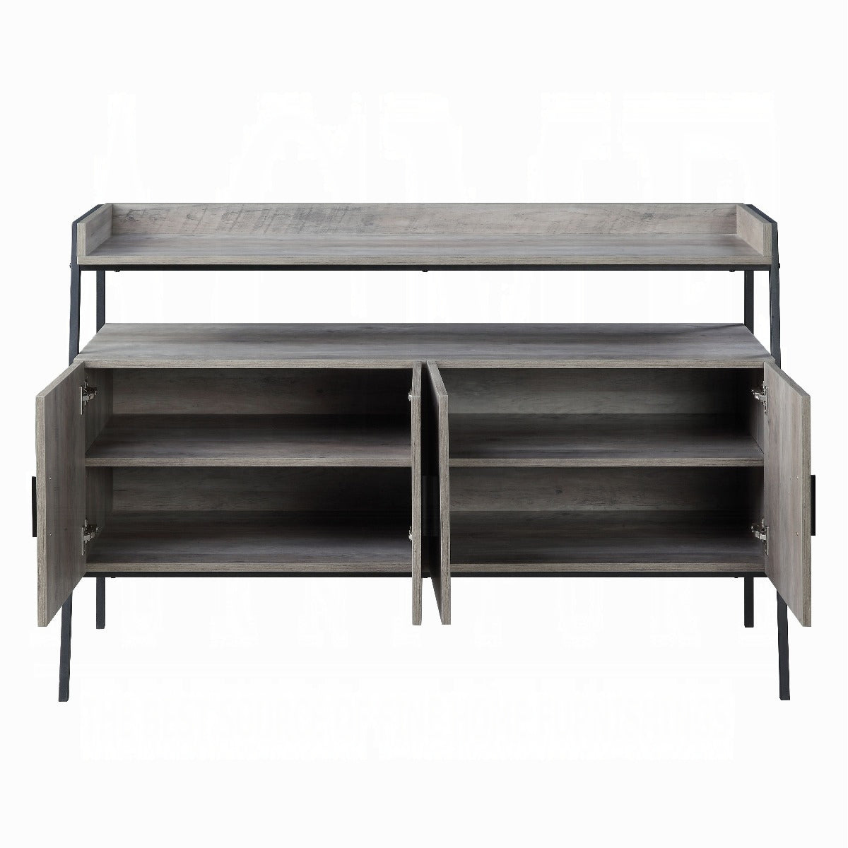Gray wood media console with open storage compartments and black metal legs