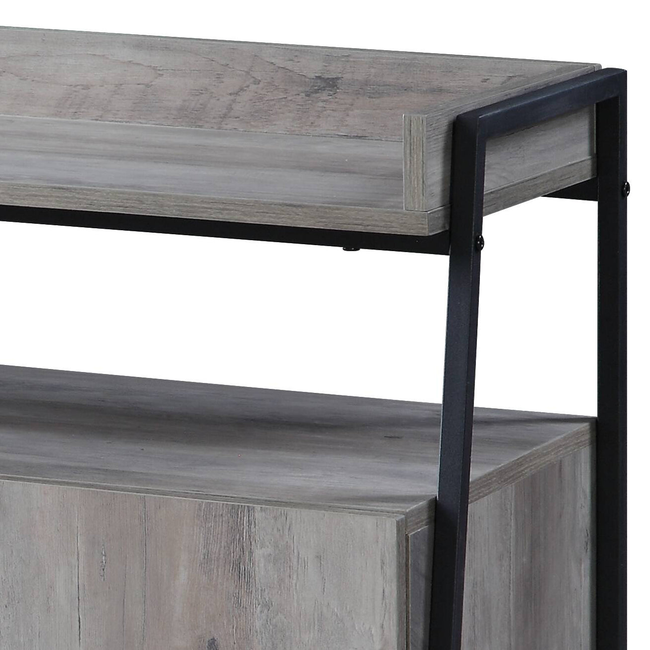 Rustic grey wood media console with black metal frame accents