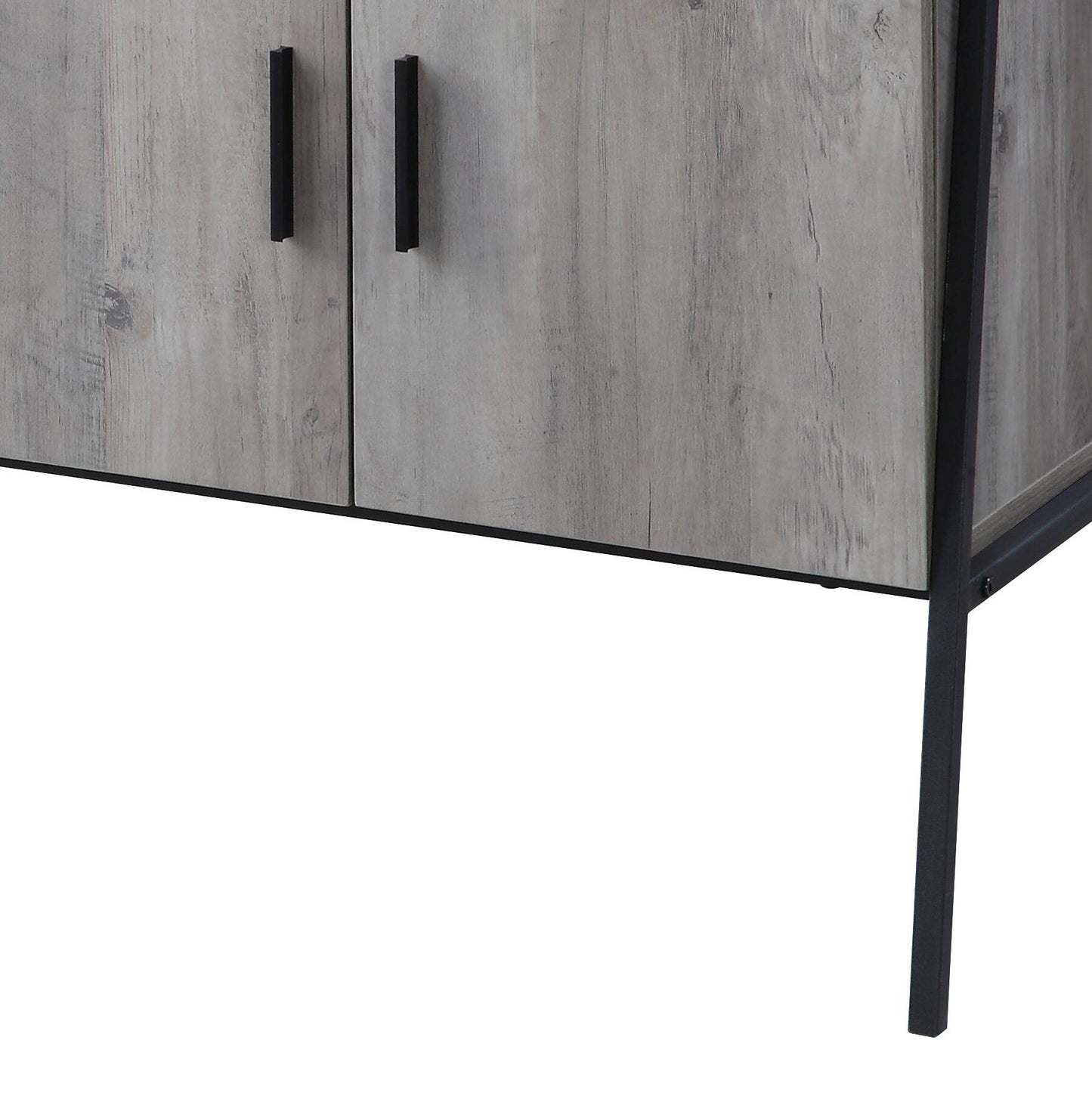 Rustic woodgrain cabinet doors with black handles and metal legs
