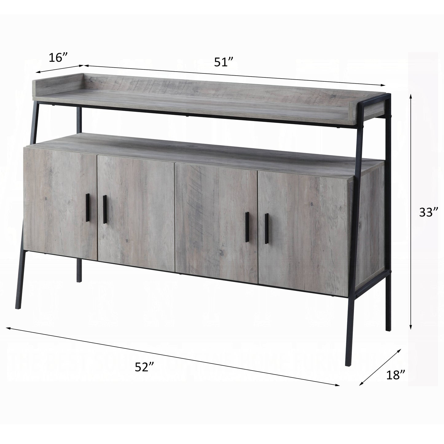 Weathered gray wood sideboard with black metal frame and four doors W x D x H