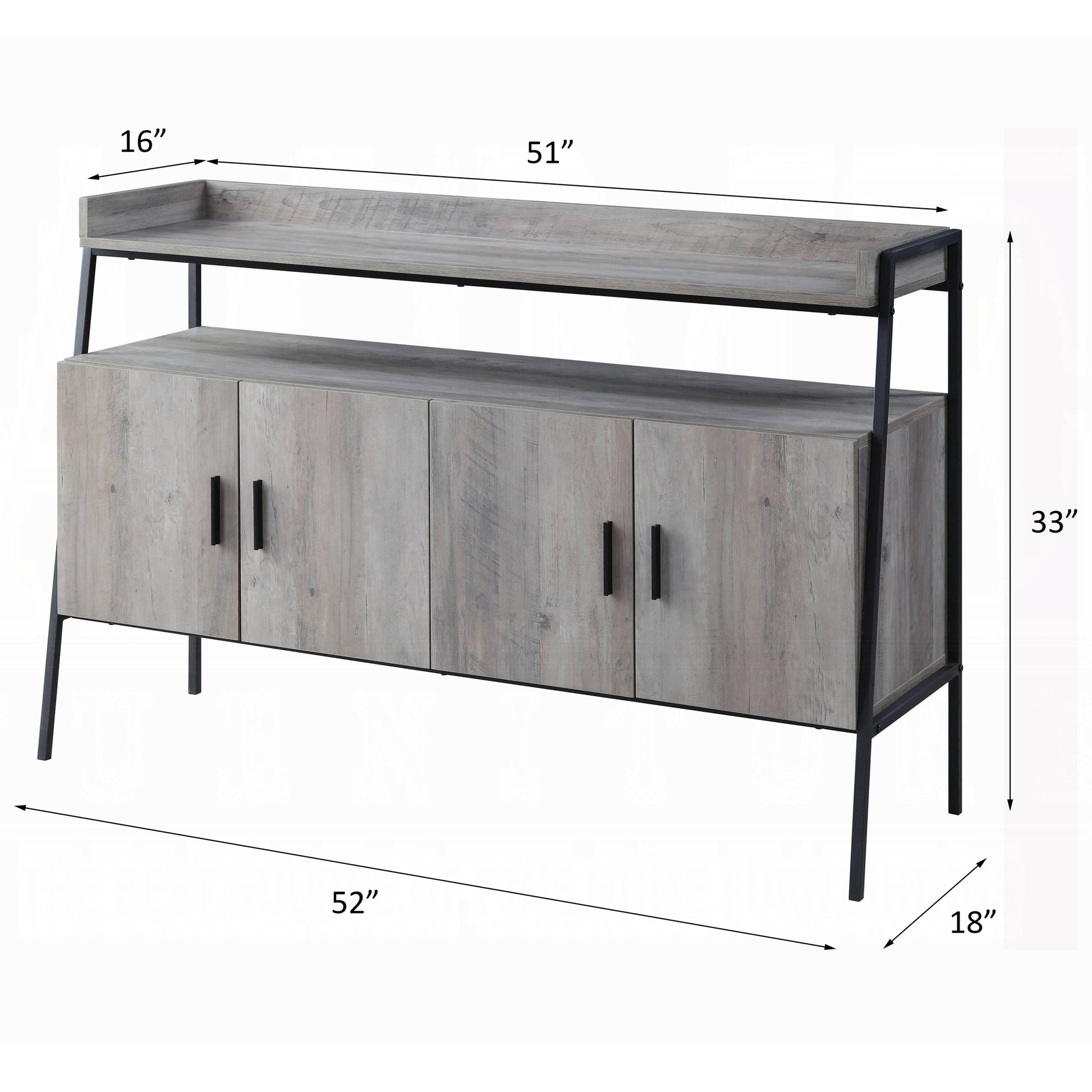 Weathered gray wood sideboard with black metal frame and four doors W x D x H