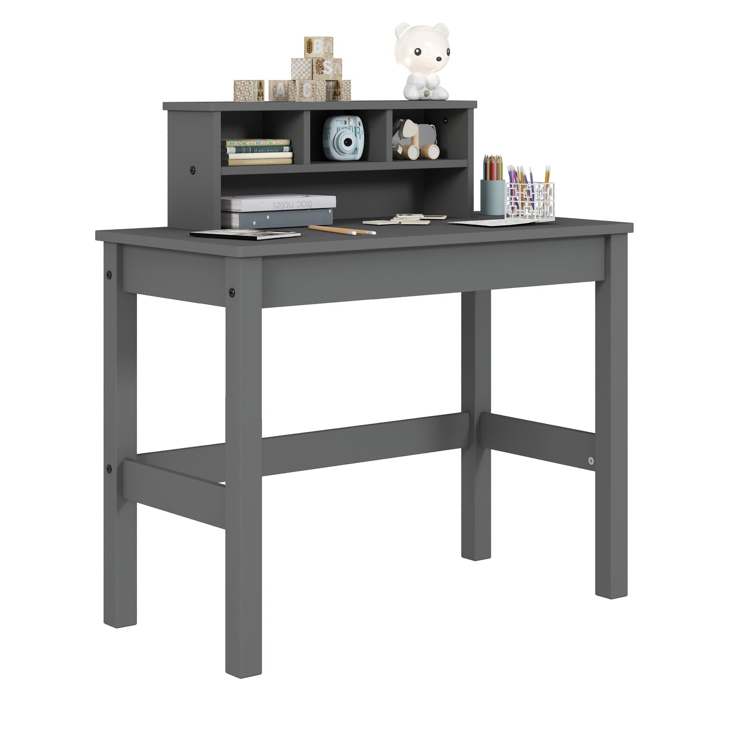 Grey wooden kids desk with hutch for storage and study