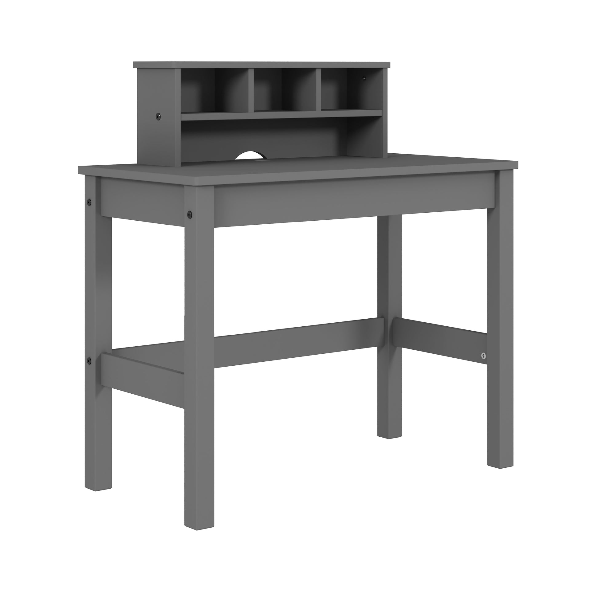 Gray wooden desk with hutch for kids study including shelf compartments