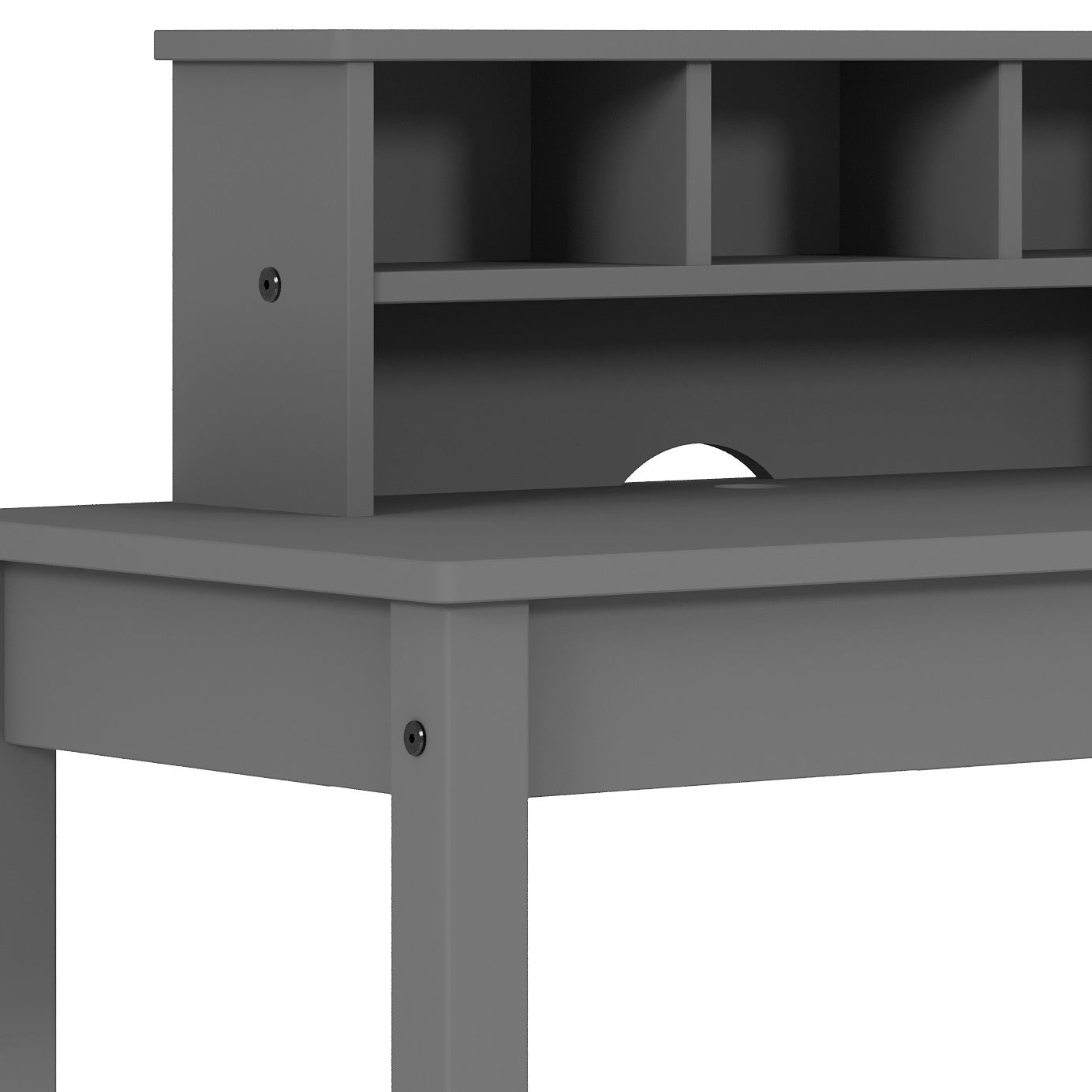 Gray wooden desk with hutch and multiple compartments for organization