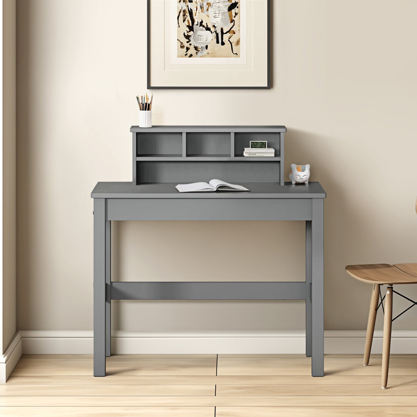 Grey wooden kids desk with hutch for homework station
