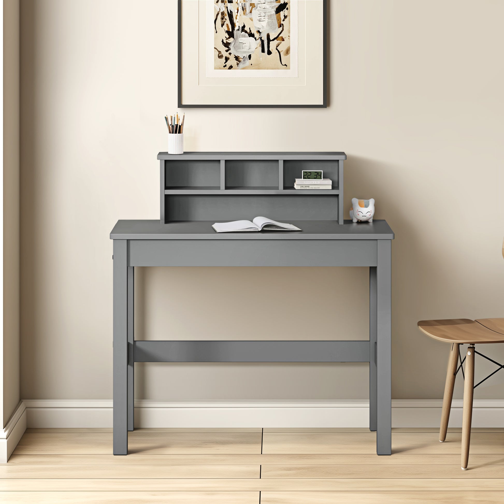Grey wooden kids desk with hutch for homework station