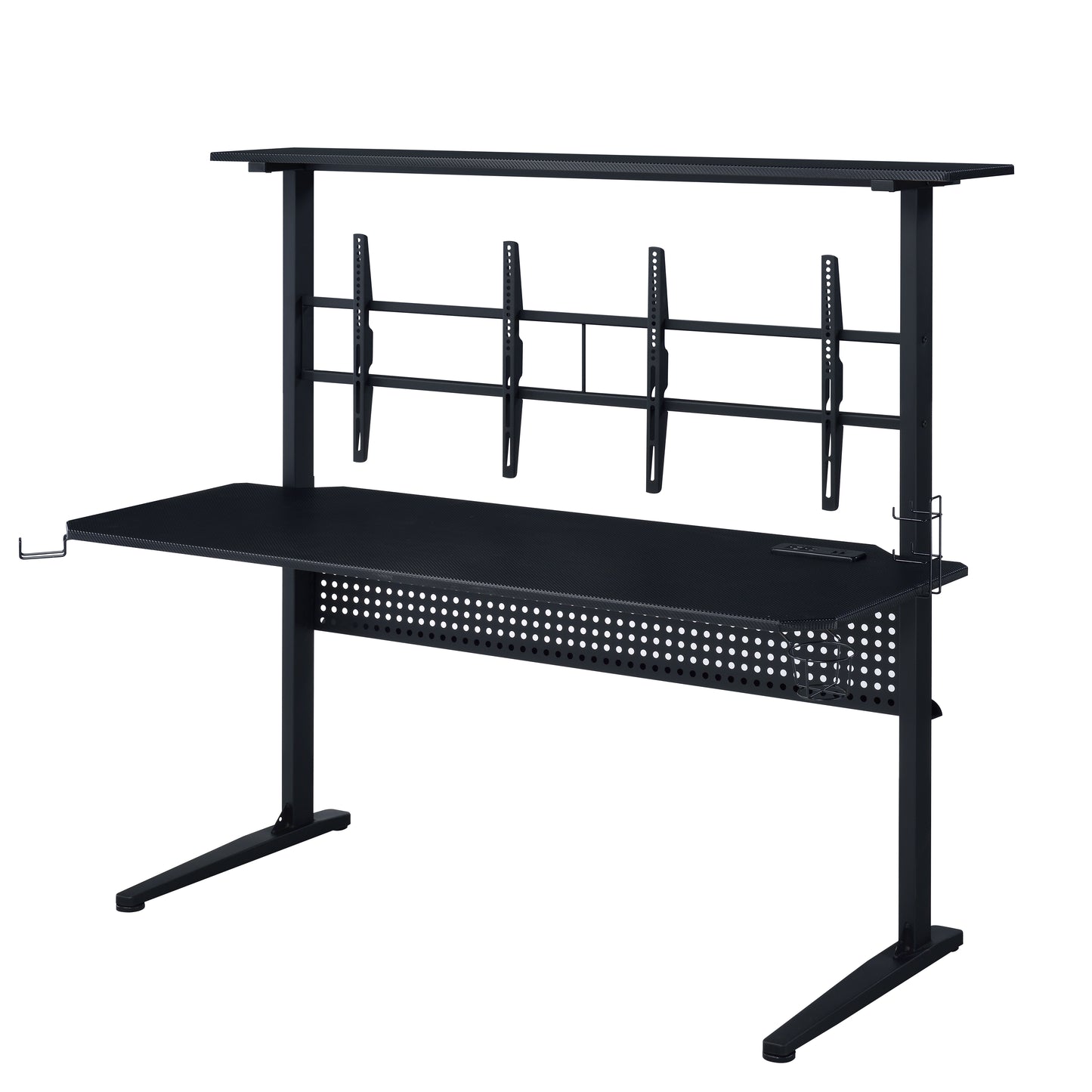Black modern gaming desk with tiered shelving and integrated monitor mounts for PC setup