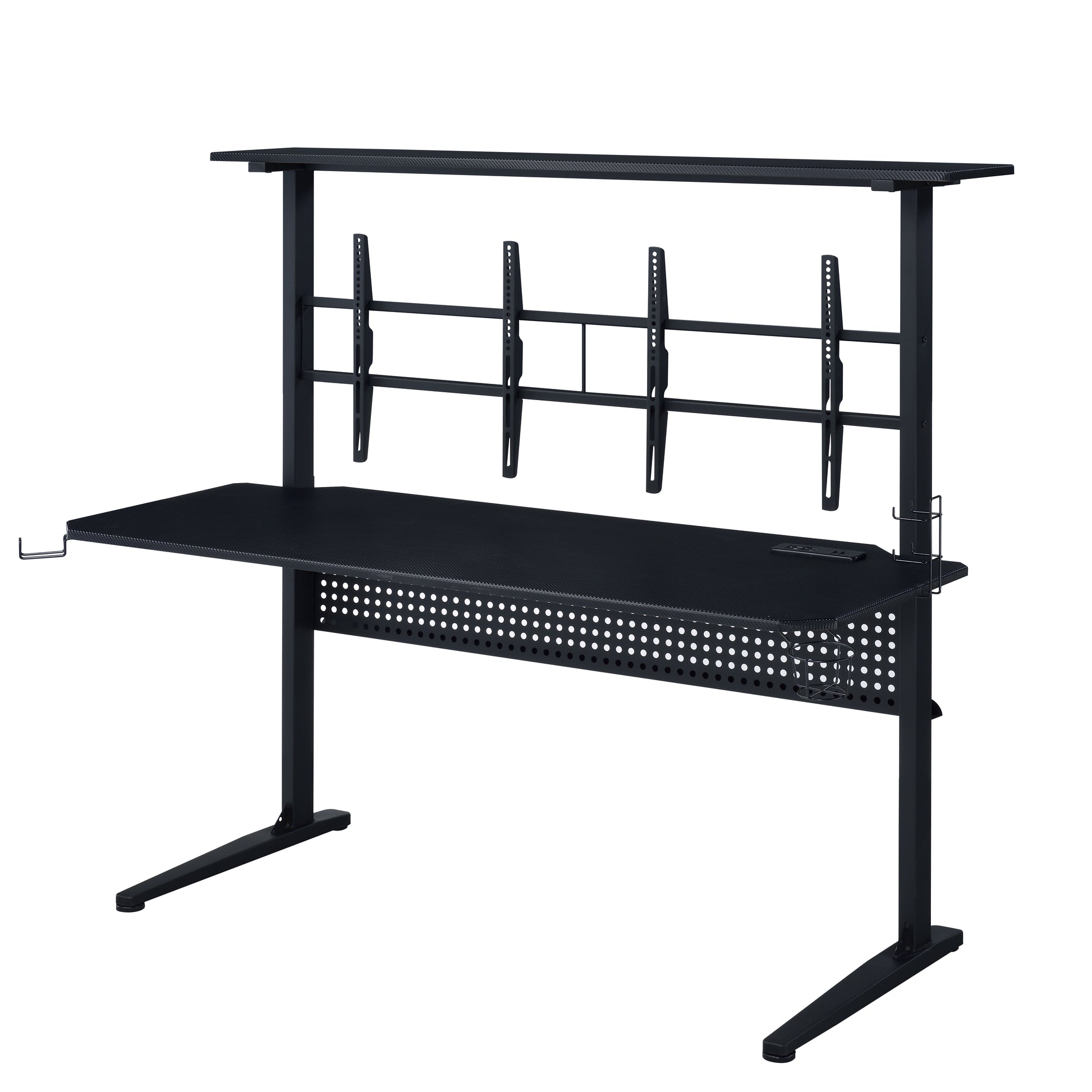Black modern gaming desk with tiered shelving and integrated monitor mounts for PC setup