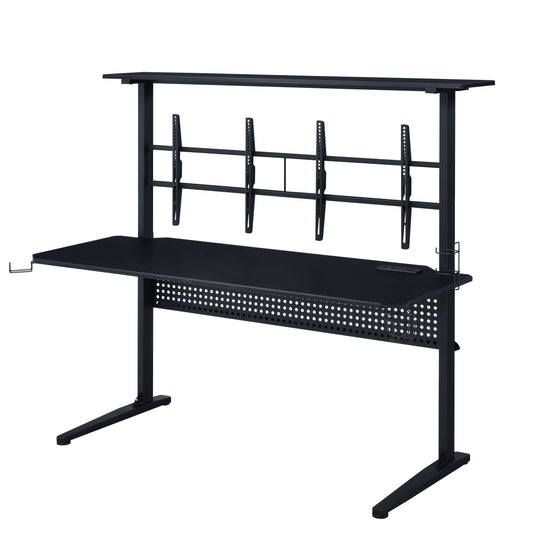 Black modern gaming desk with tiered shelving and integrated monitor mounts for PC setup