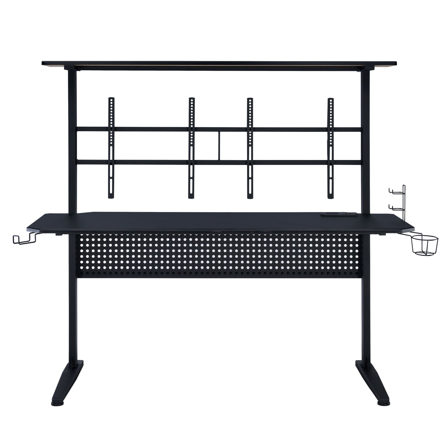 Black gaming desk with monitor mounts headphone hooks and cup holder
