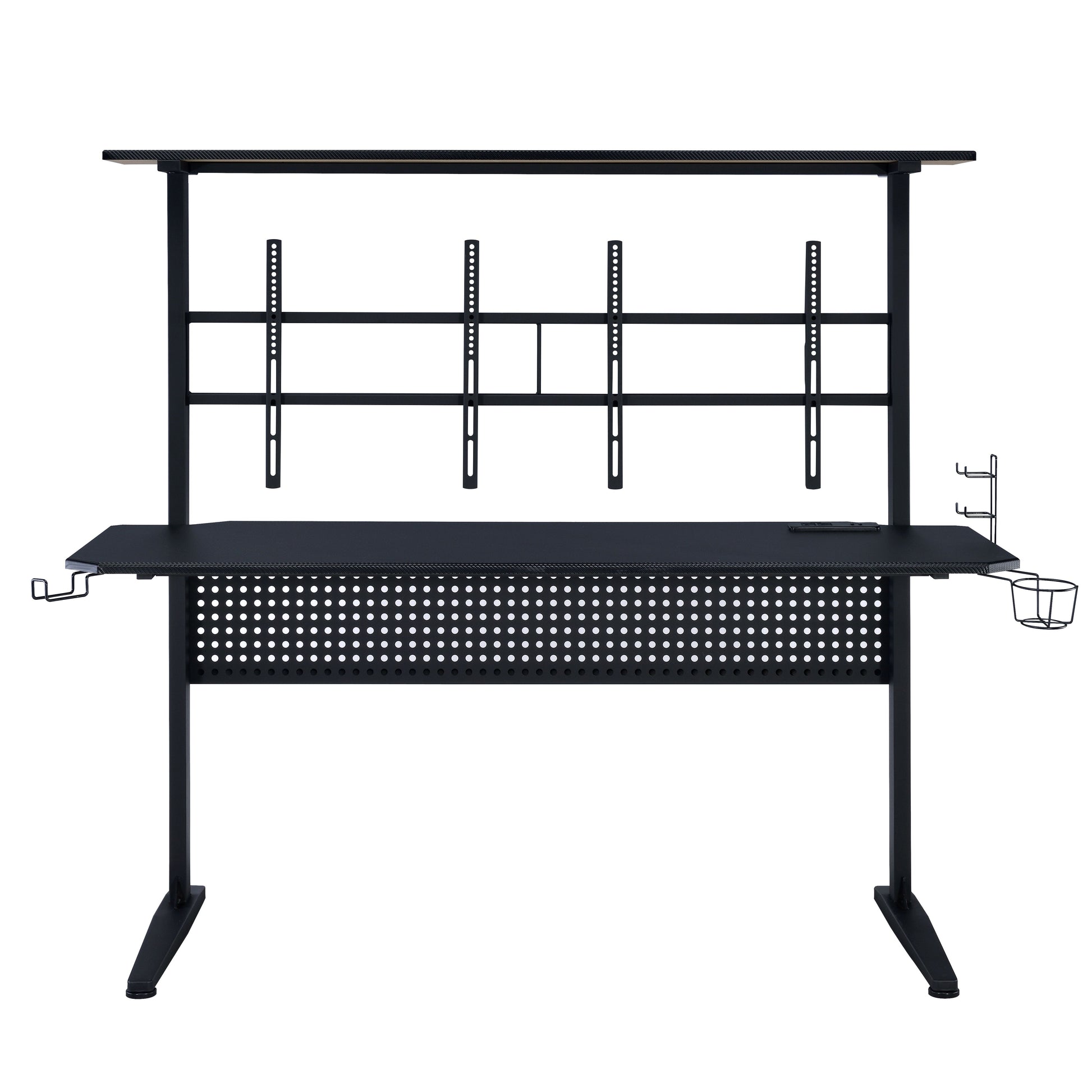 Black gaming desk with monitor mounts headphone hooks and cup holder