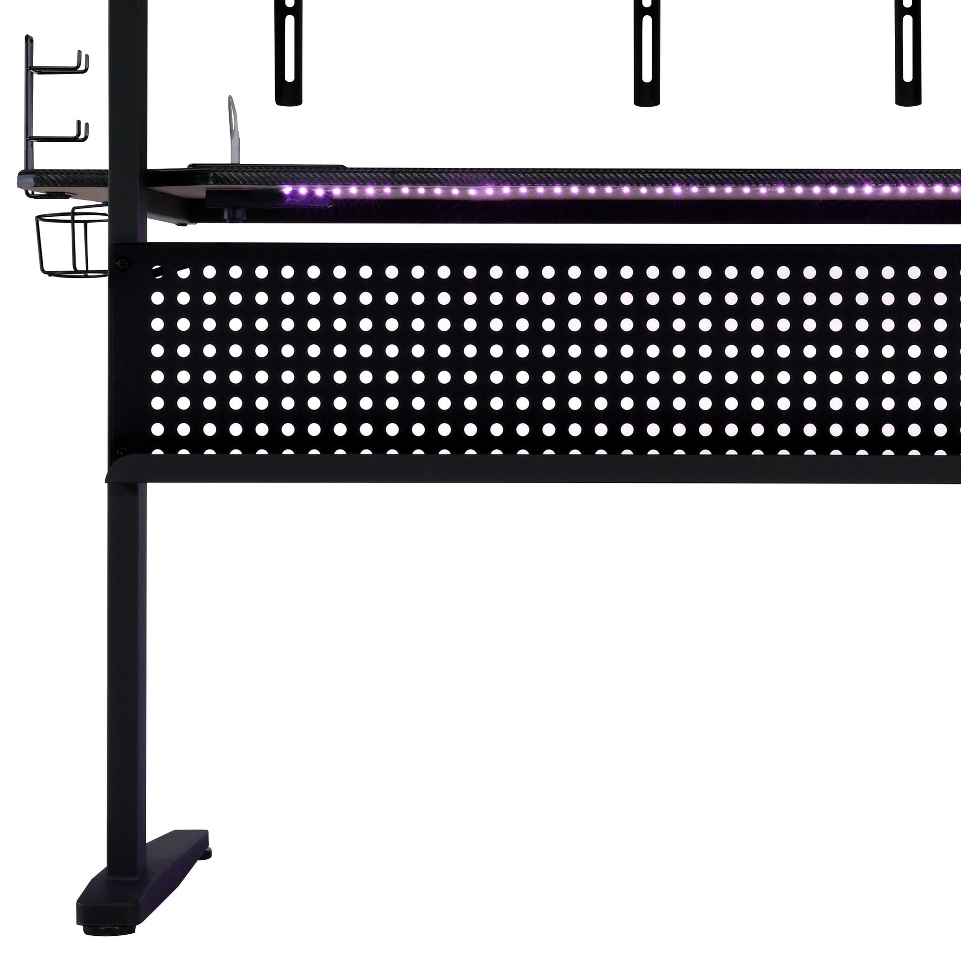 Black gaming desk with purple LED lighting and headphone hooks