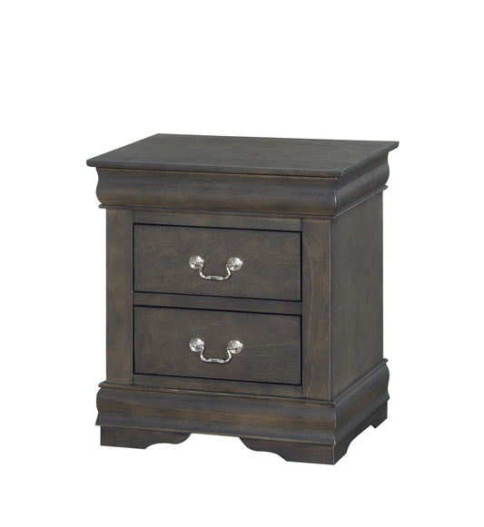 Dark grey wooden twodrawer nightstand with ornate silver drawer pulls