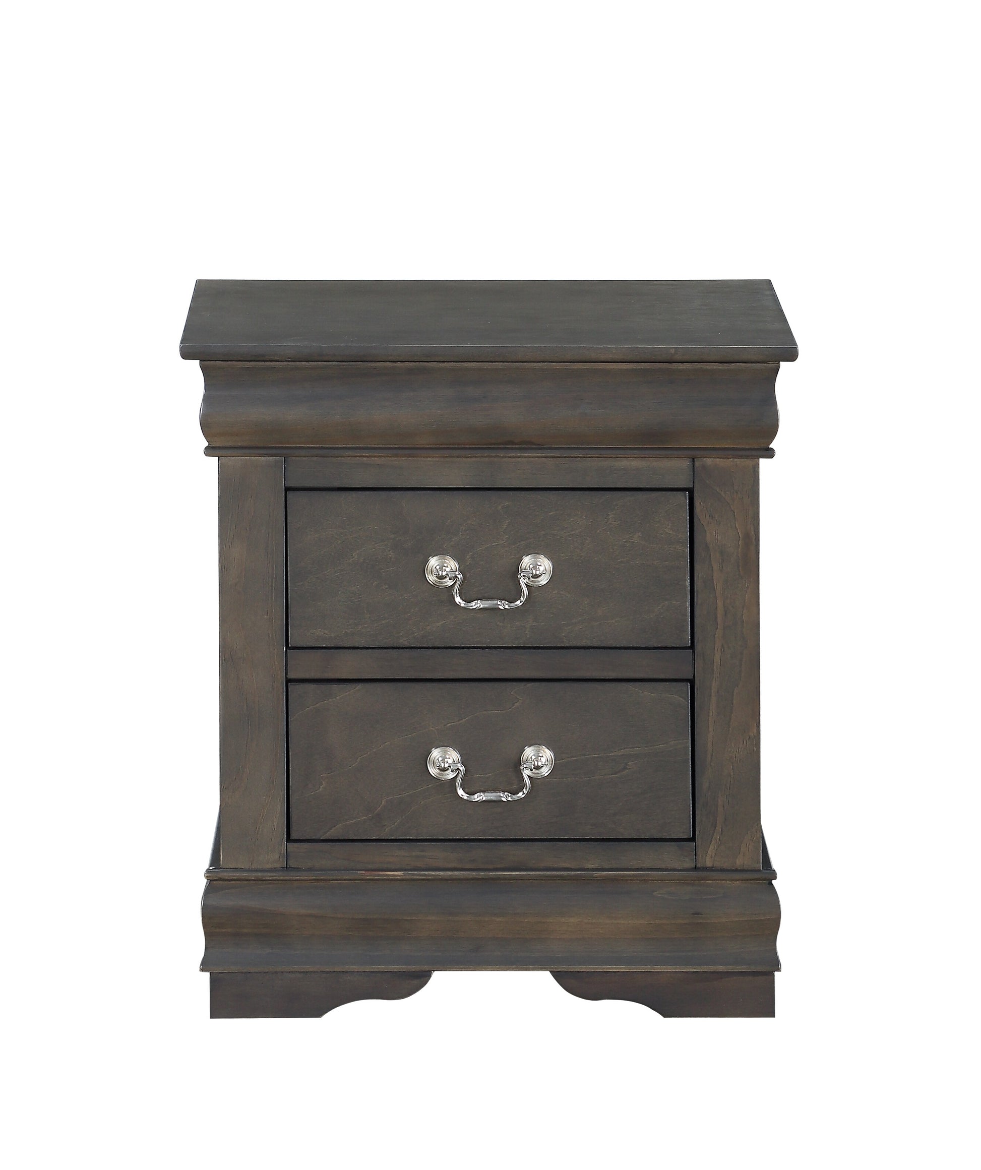 Dark gray wooden nightstand with two drawers and silver pull handles