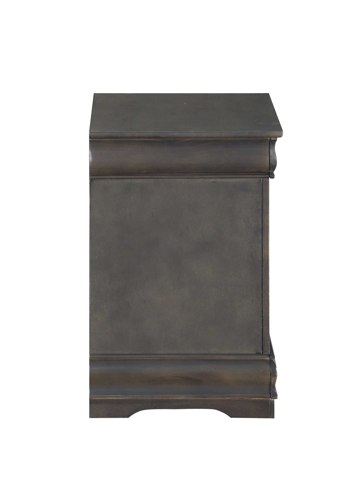 Dark wood bedside table with carved detailing on a white background