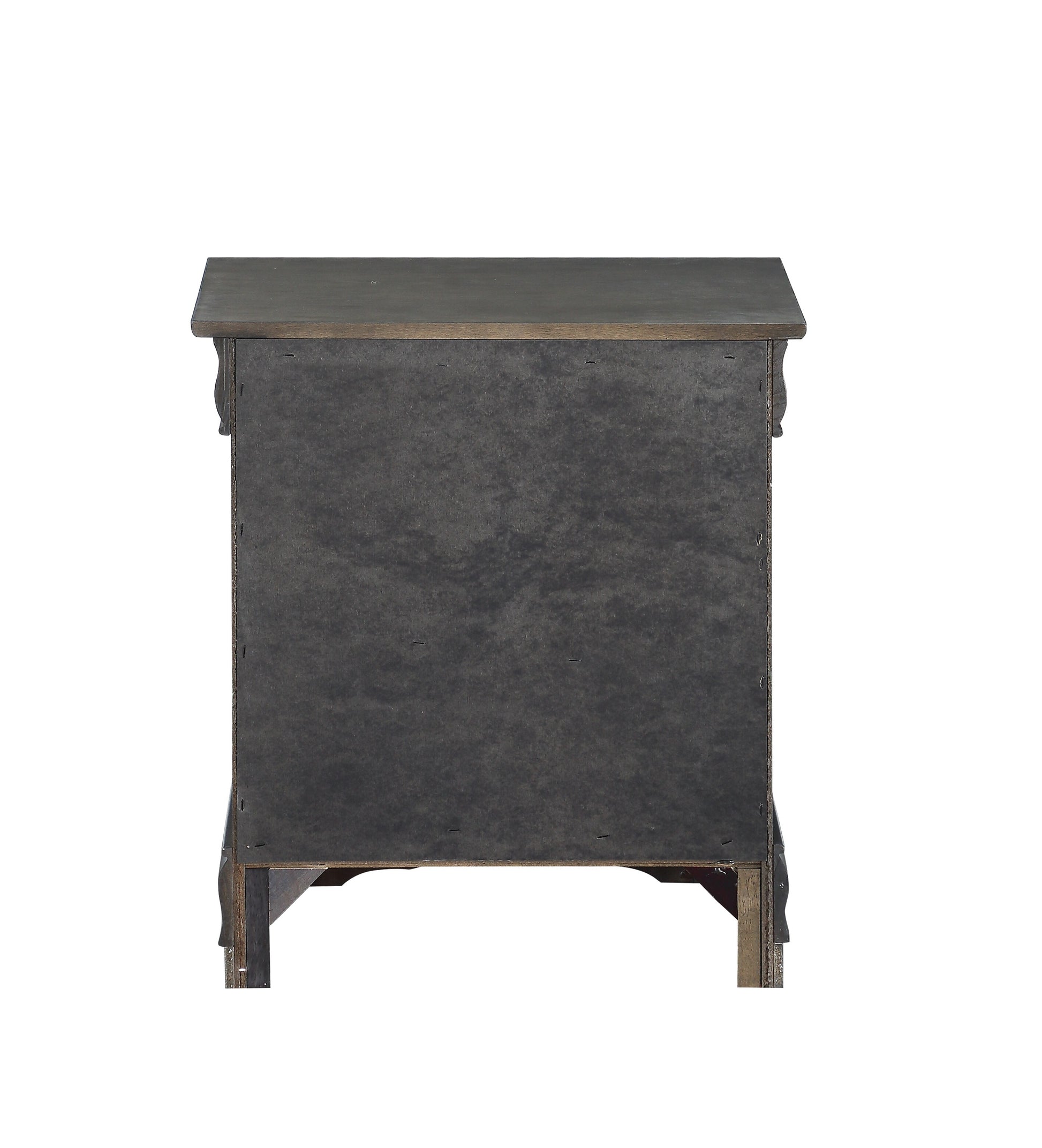 Dark wood nightstand back view with antique carvings on sides