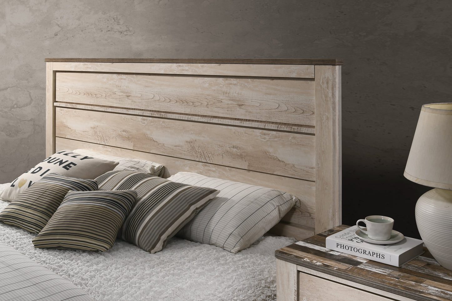 Rustic whitewashed wood headboard with horizontal plank design