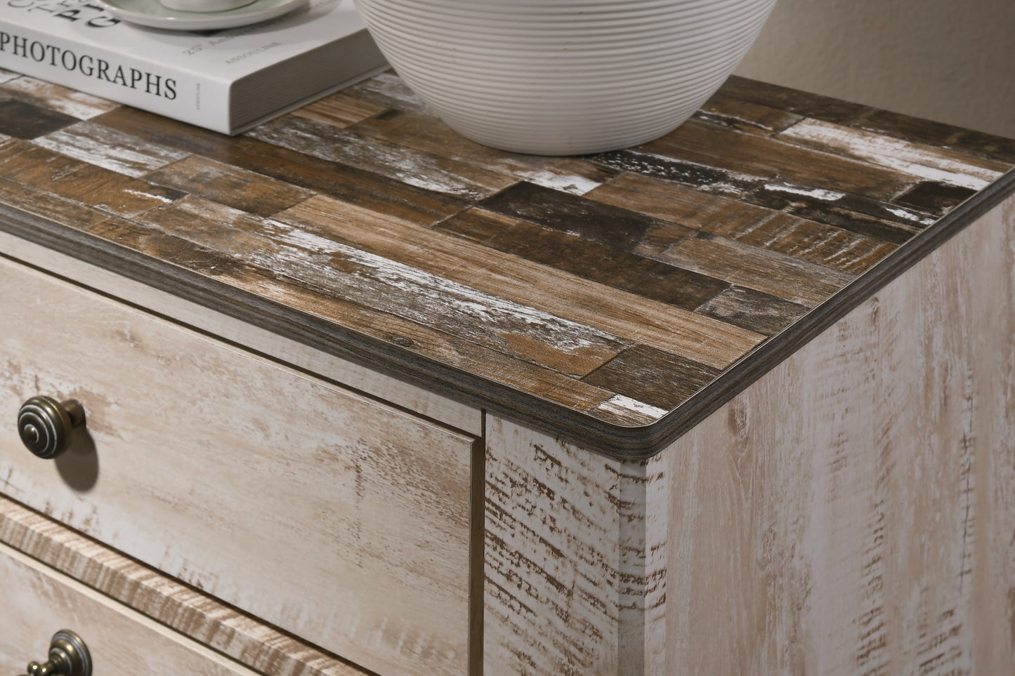 Rustic wooden tabletop with distressed finish